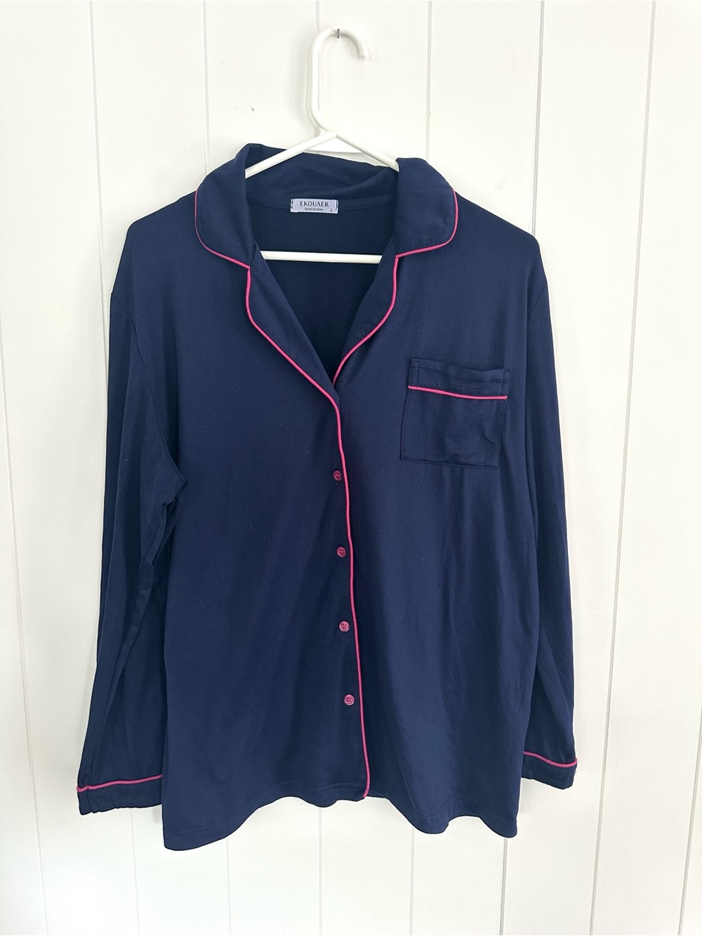 Women's Navy Pajama Top and Bottoms with Pink Piping size large